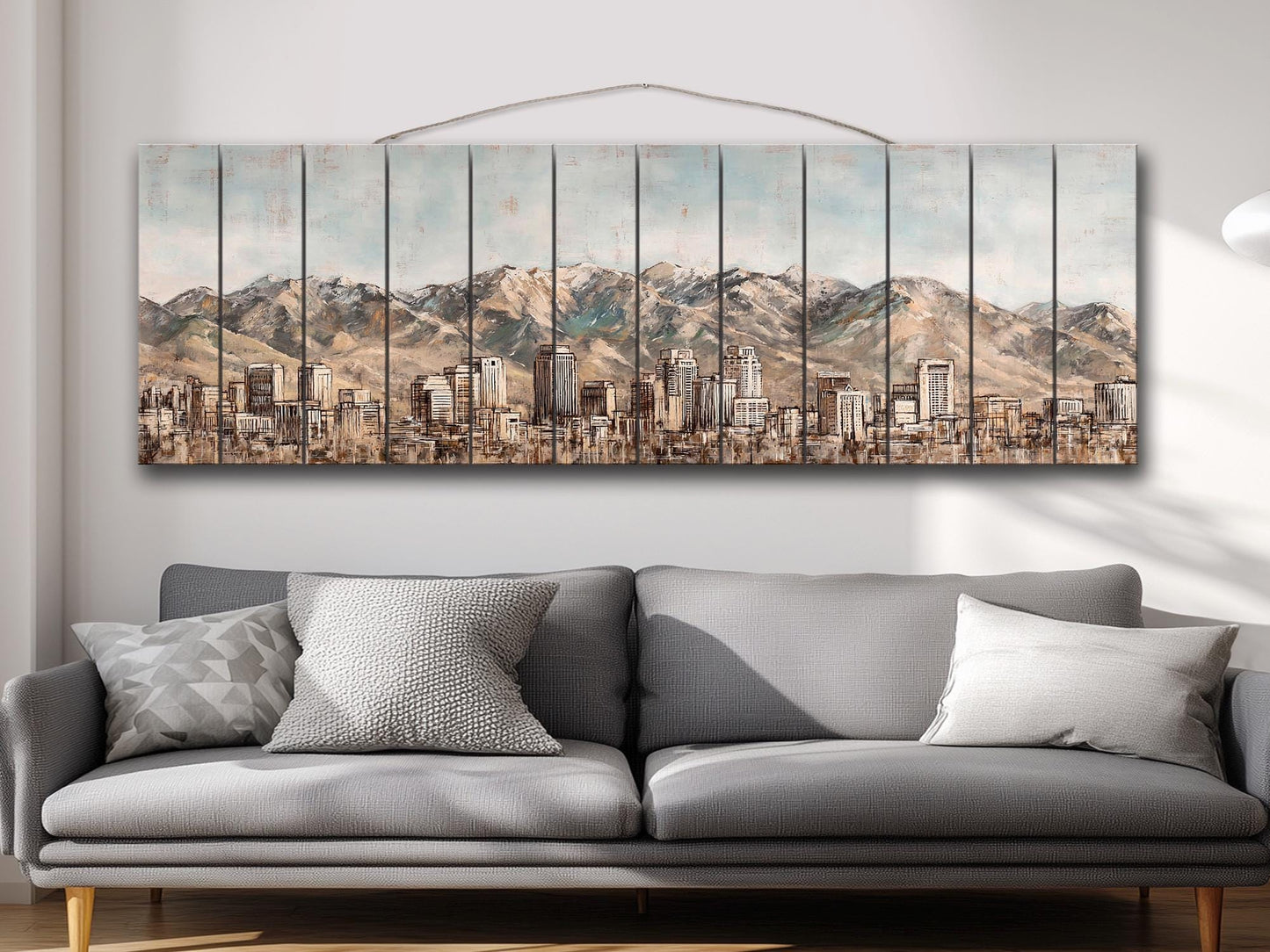 Salt Lake City Wood Print – Rustic Wall Art | Mountain Panoramic Painting On Distressed Wood