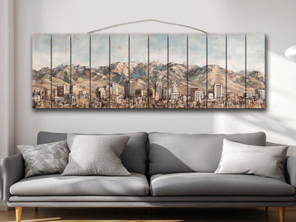 Salt Lake City Wood Print – Rustic Wall Art | Mountain Panoramic Painting On Distressed Wood