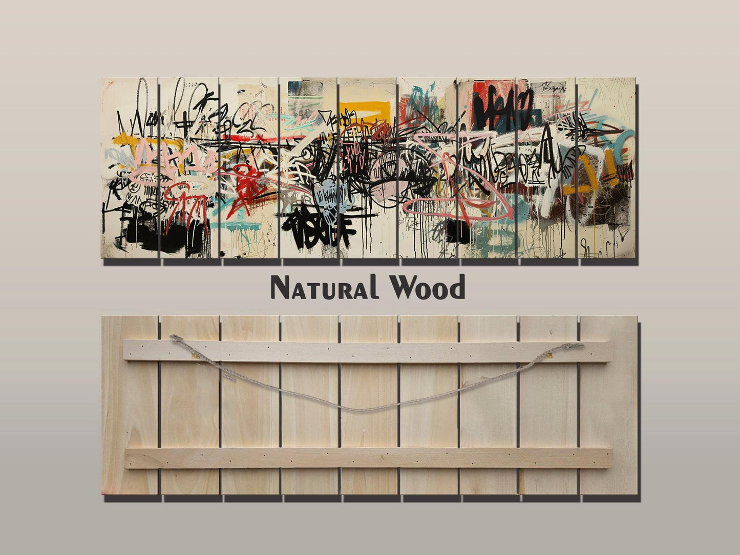 Graffiti Wood Art – Abstract Urban Wall Decor on Natural Wood Print