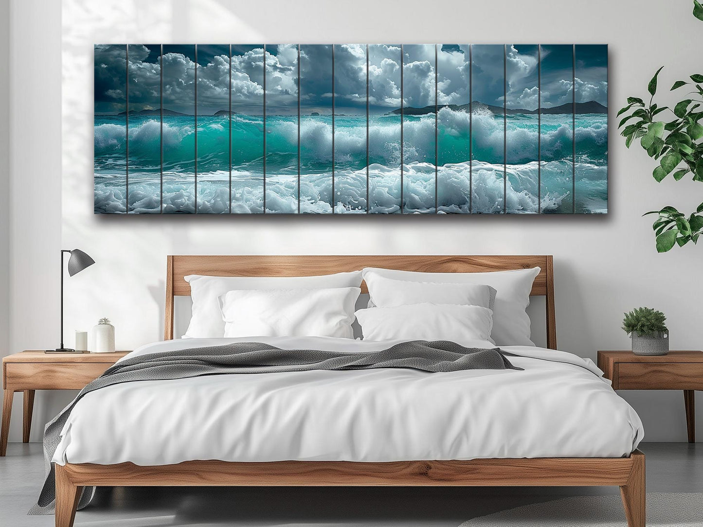 Ocean Wall Decor - Soft Blue Ocean Waves Printed On Natural Wood Art Planks