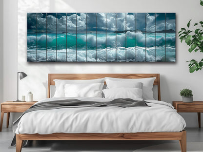 Ocean Wall Decor - Soft Blue Ocean Waves Printed On Natural Wood Art Planks