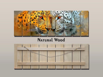 Leopard Couple Print on Natural Wood, Majestic Wildlife Romantic Wall Art