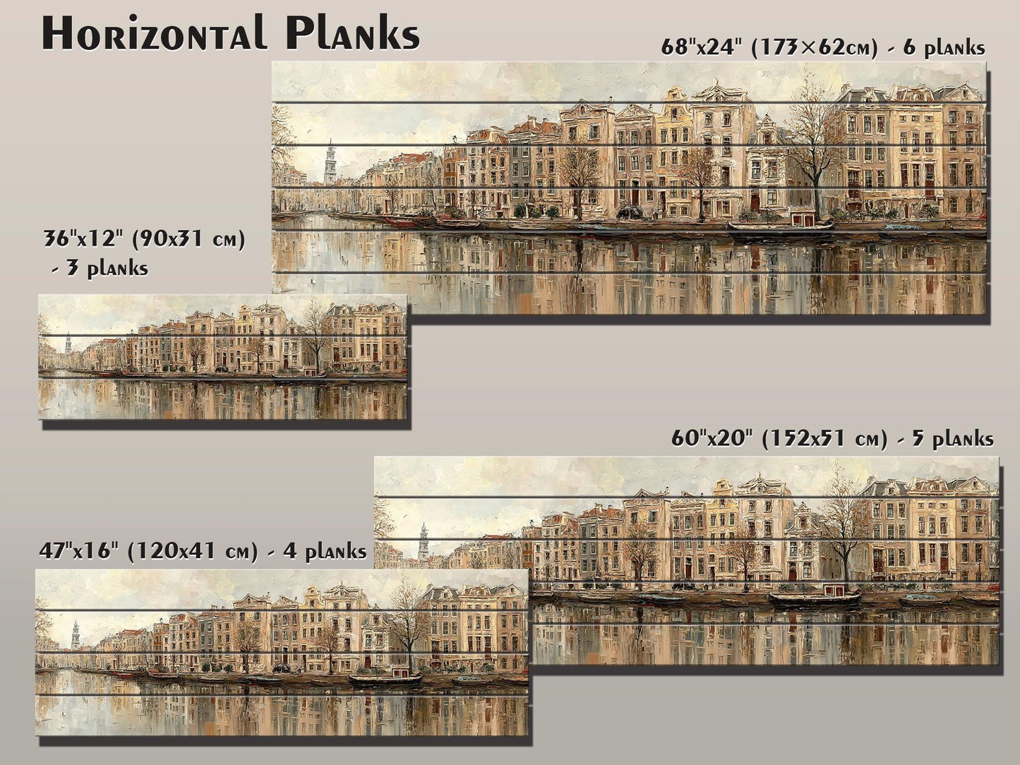 Amsterdam Canal Houses Print – Rustic Wood Wall Art | Beige Panoramic Decor