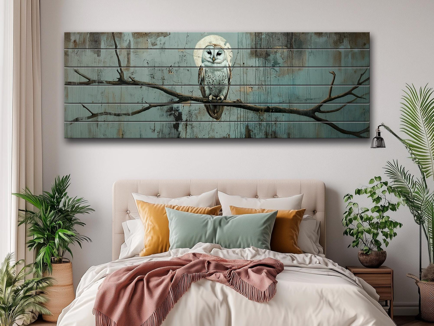 Wood Wall Art – Rustic Owl on Branch Print | Natural Wood Plank Decor