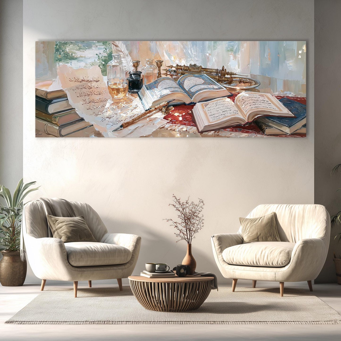 a cozy living room with two white armchairs and a wooden coffee table, surrounded by a bookshelf filled with books and a vase of flowers.