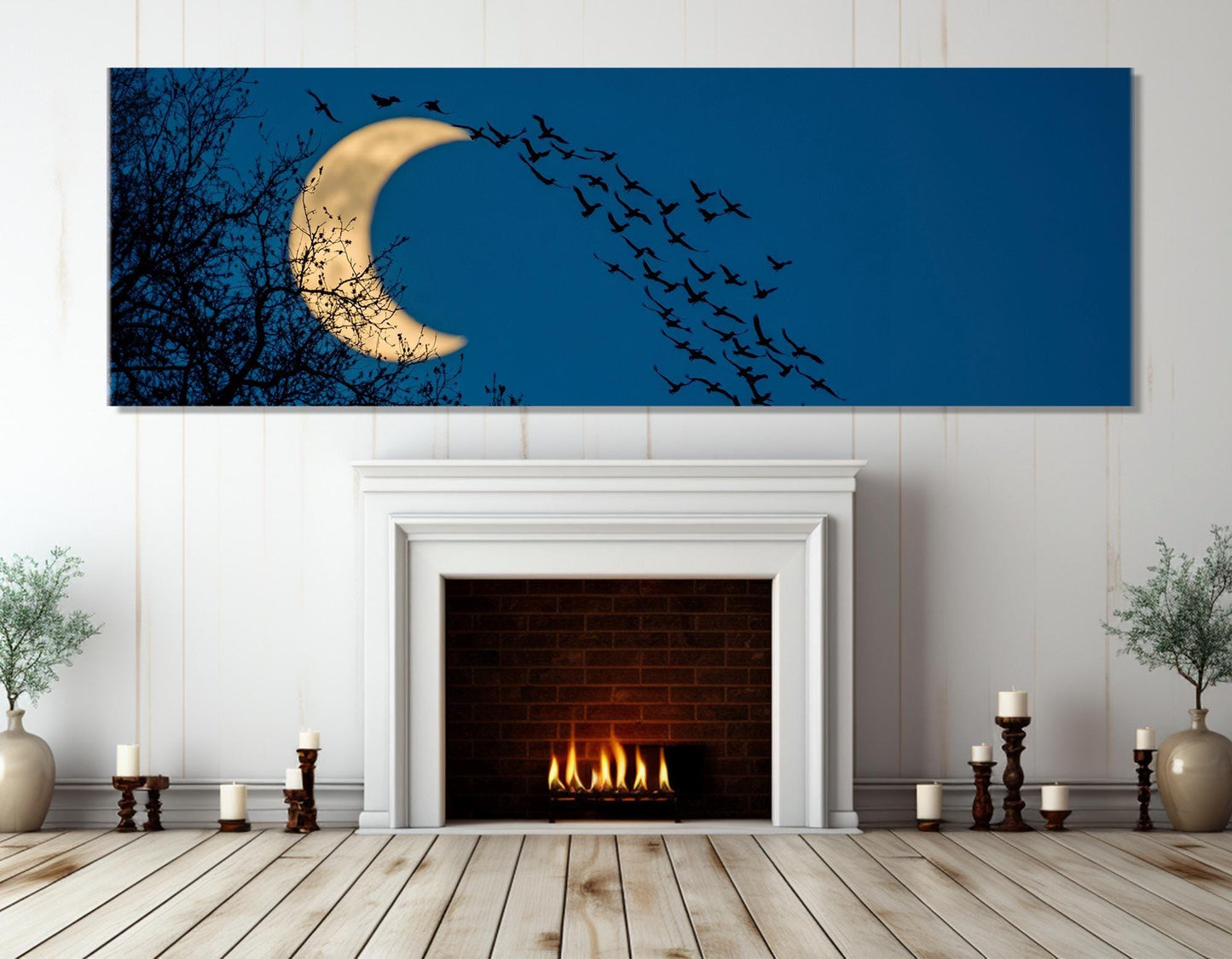 Abstract Night Sky Canvas – Framed Cotton Print with Crescent Moon Art & Birds