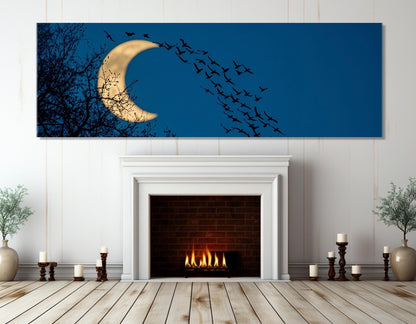 Abstract Night Sky Canvas – Framed Cotton Print with Crescent Moon Art & Birds