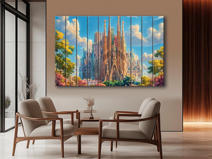 Sagrada Familia Wall Art – Natural Wood Print | Barcelona Skyline Decor