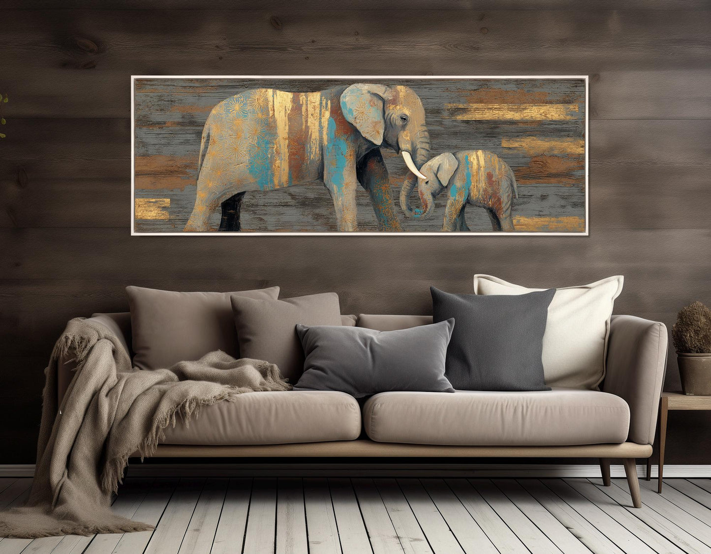 Elephants Wall Art – Rustic Mother Elephant Canvas Print | Ready to Hang Framed Decor