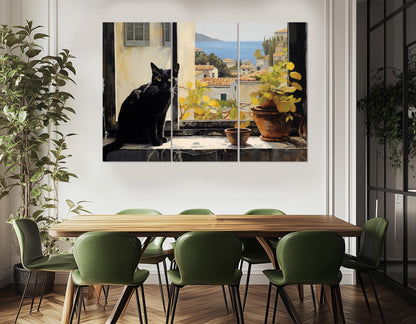 Mediterranean Canvas Print – Black Cat Window View | Italian Cat Painting, Framed Art
