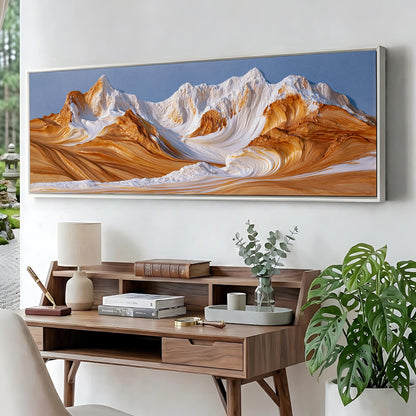a large, colorful painting of a mountain landscape hanging on a wall above a wooden desk with various items on it.