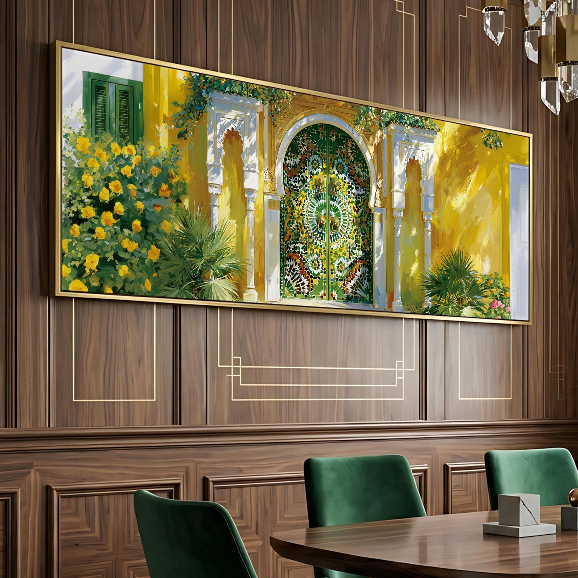 a large, ornate, and colorful painting of a yellow building with a green door and archway, hanging on a wooden wall. The painting is framed in gold and is the main focus of the room. In the foreground, there are green chairs and a wooden table, creating a cozy and inviting atmosphere.