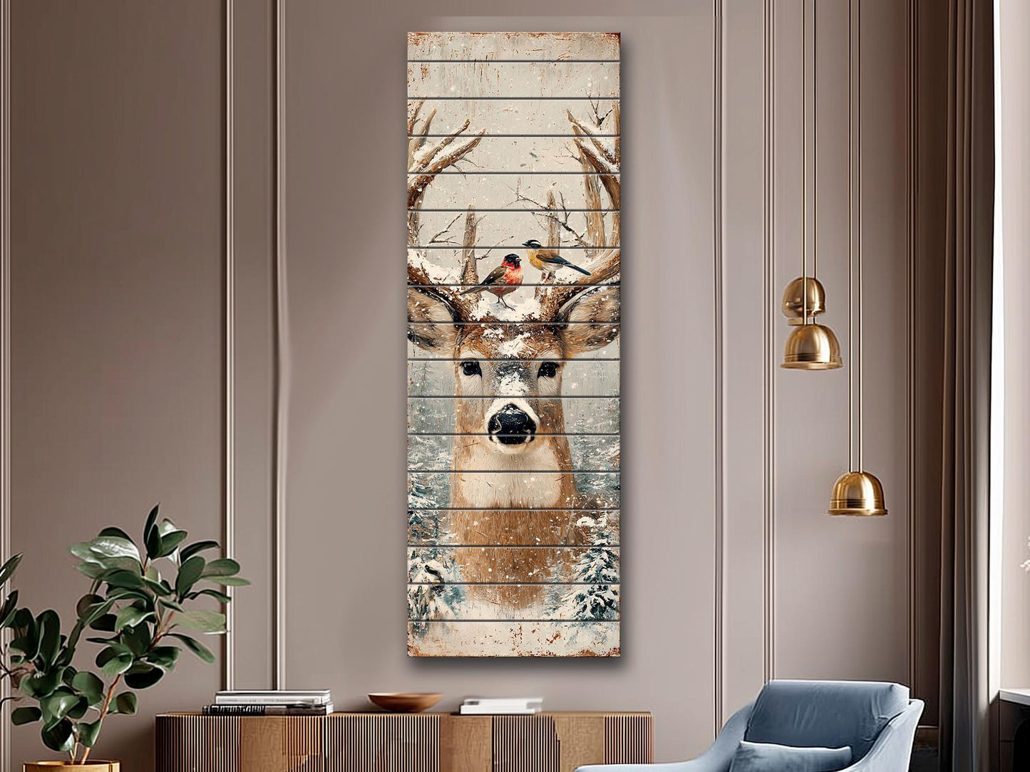 Deer Head Winter Print on Wood – Snowy Antlers Forest Scene, Rustic Wall Decor