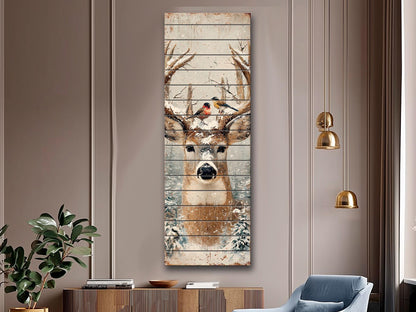 Deer Head Winter Print on Wood – Snowy Antlers Forest Scene, Rustic Wall Decor
