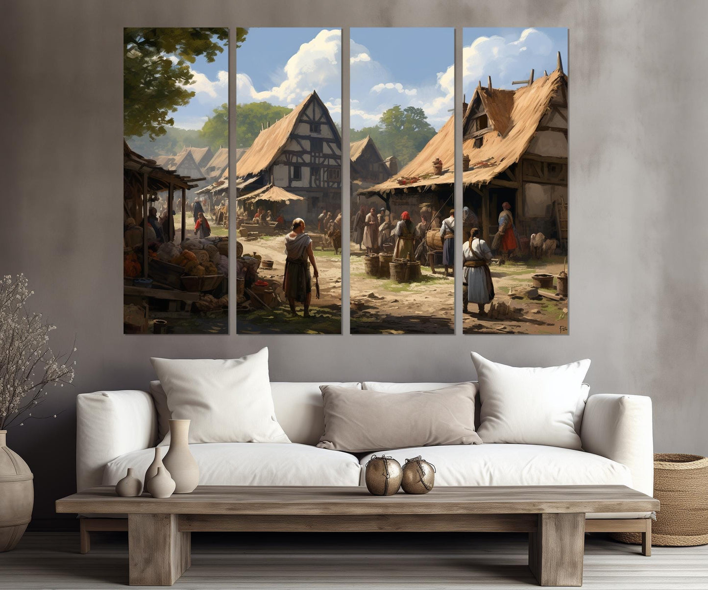 Slavic Village Painting - Framed Canvas Art | Ready to Hang Rustic Wall Decor