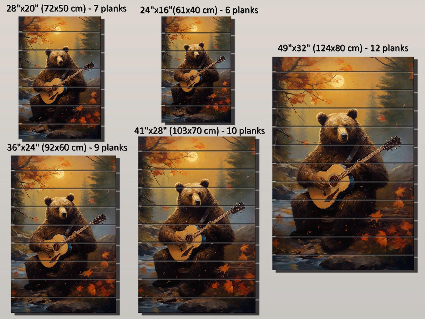 Bear Guitar Wall Art – Rustic Wood Print On Natural Wood Plank Art