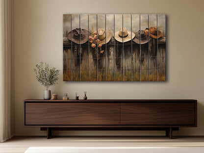 Rustic Fence Wall Art – Wooden Wall Decor with Hanging Hats Print on Natural Wood