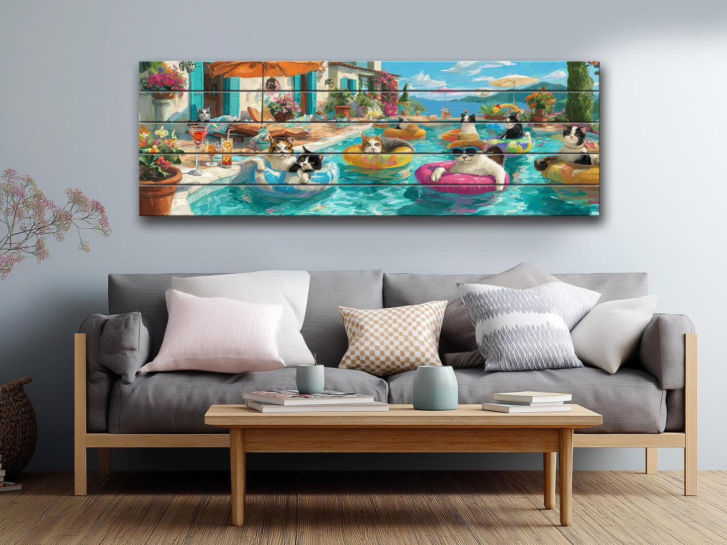 Funny Cat Wall Art – Playful Cat Pool Party Print on Rustic Wood Decor