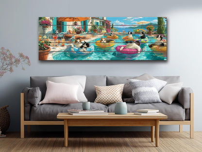 Funny Cat Wall Art – Playful Cat Pool Party Print on Rustic Wood Decor