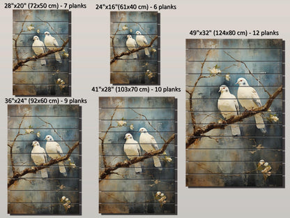 Romantic Wood Wall Art | Rustic Love Artwork Featuring Two White Pigeons on UV Printed Wood