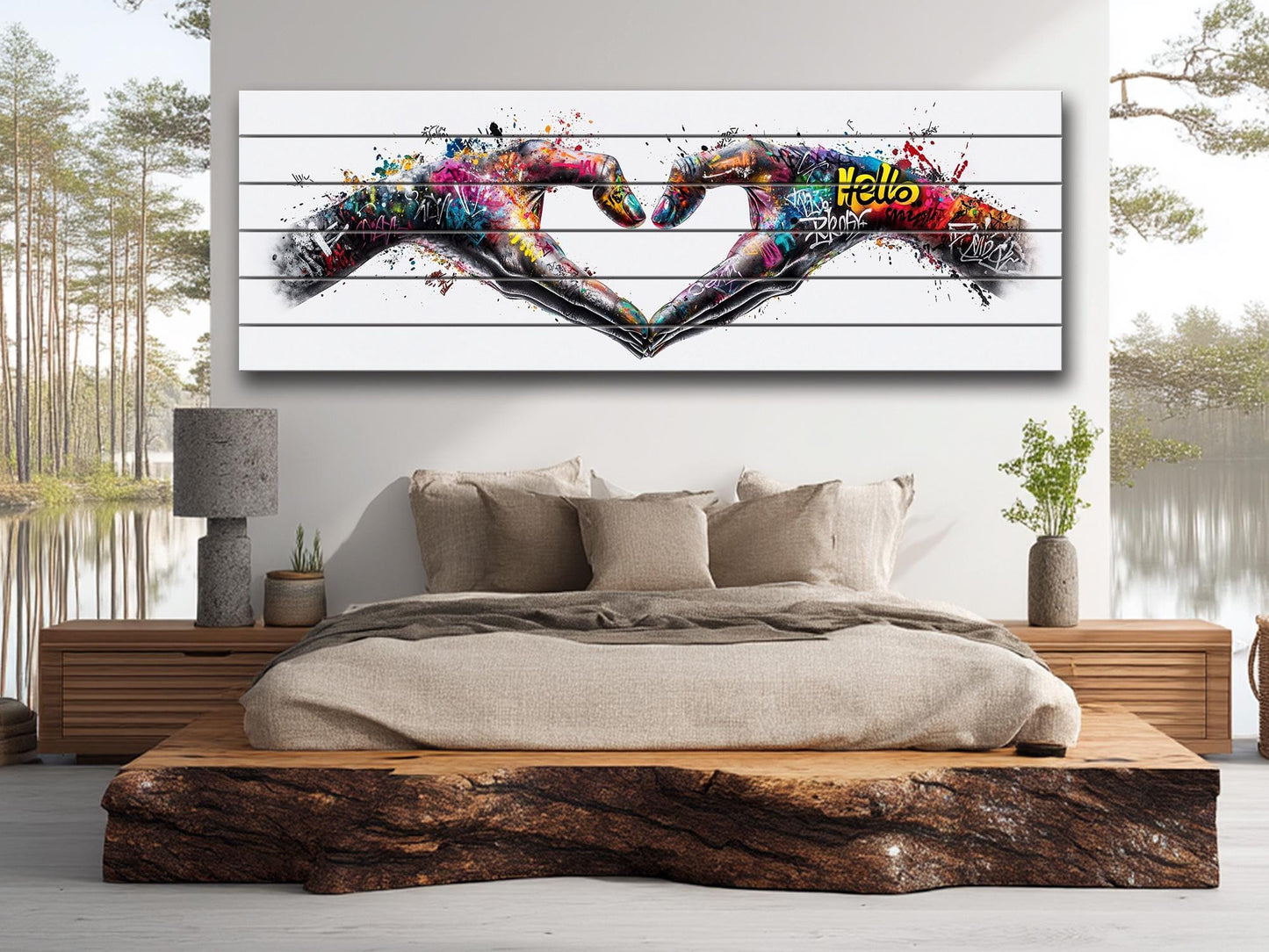 Heart Graffiti Style Painting Printed On  Natural Wood – Peace And Love Wall Art