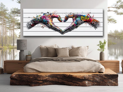 Heart Graffiti Style Painting Printed On  Natural Wood – Peace And Love Wall Art
