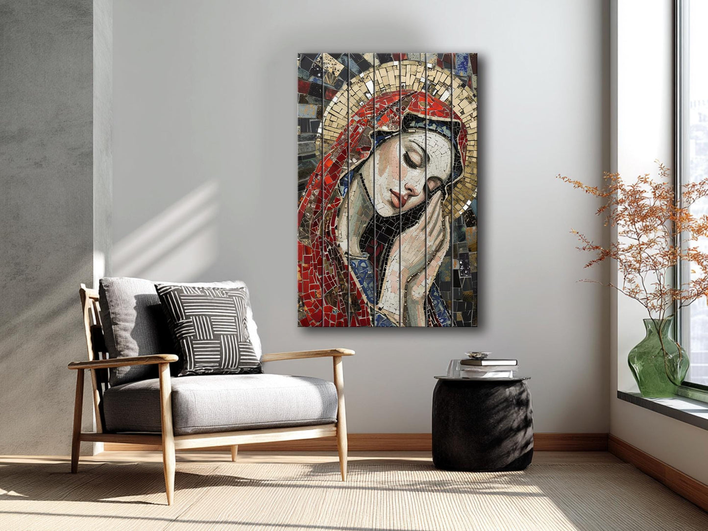 Saint Maria Wood Art – Mosaic Religious Wall Decor on Natural Wood Planks