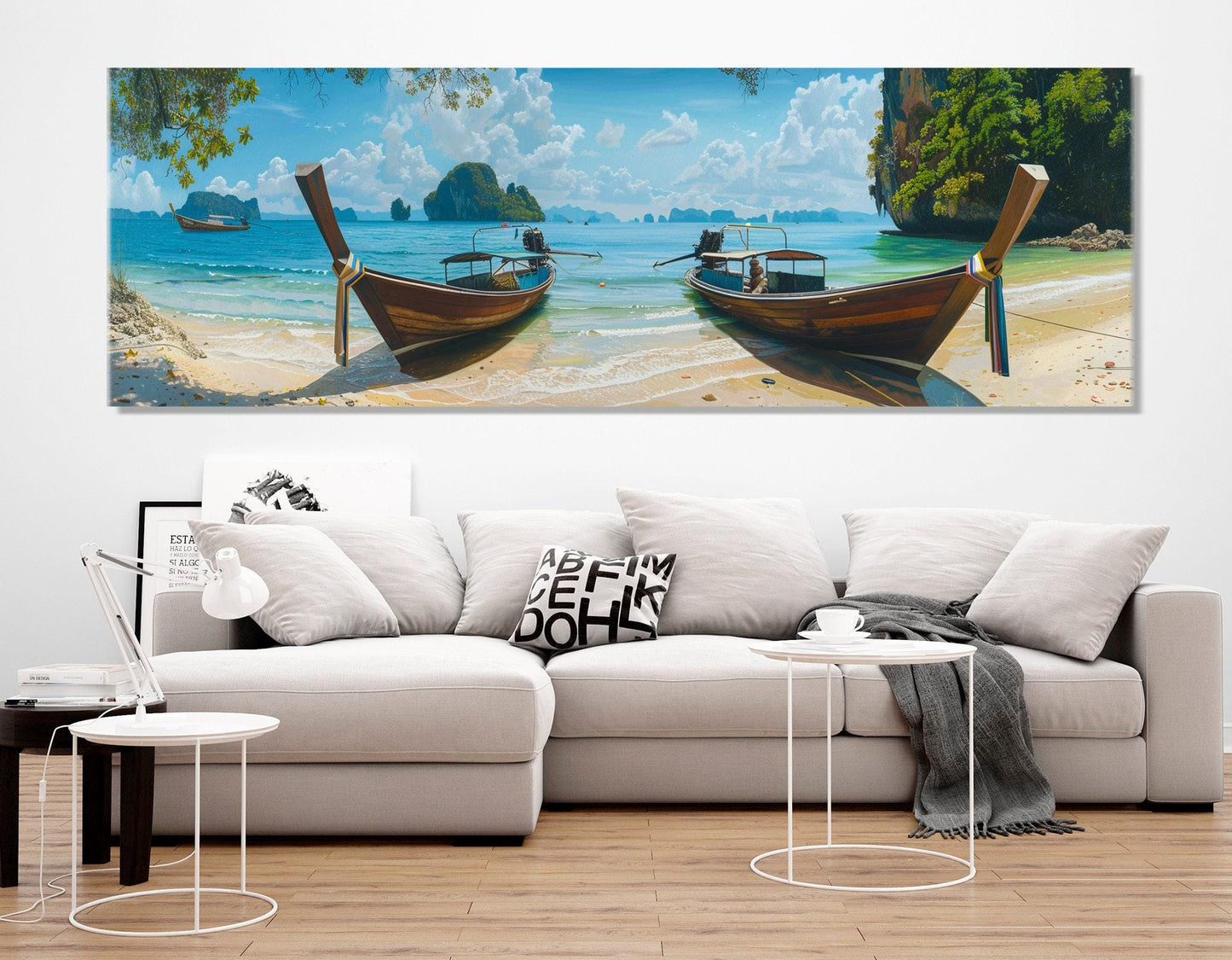Tropical Beach Canvas Print – Large Boats on Beach Painting | Ready to Hang Art