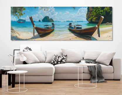 Tropical Beach Canvas Print – Large Boats on Beach Painting | Ready to Hang Art