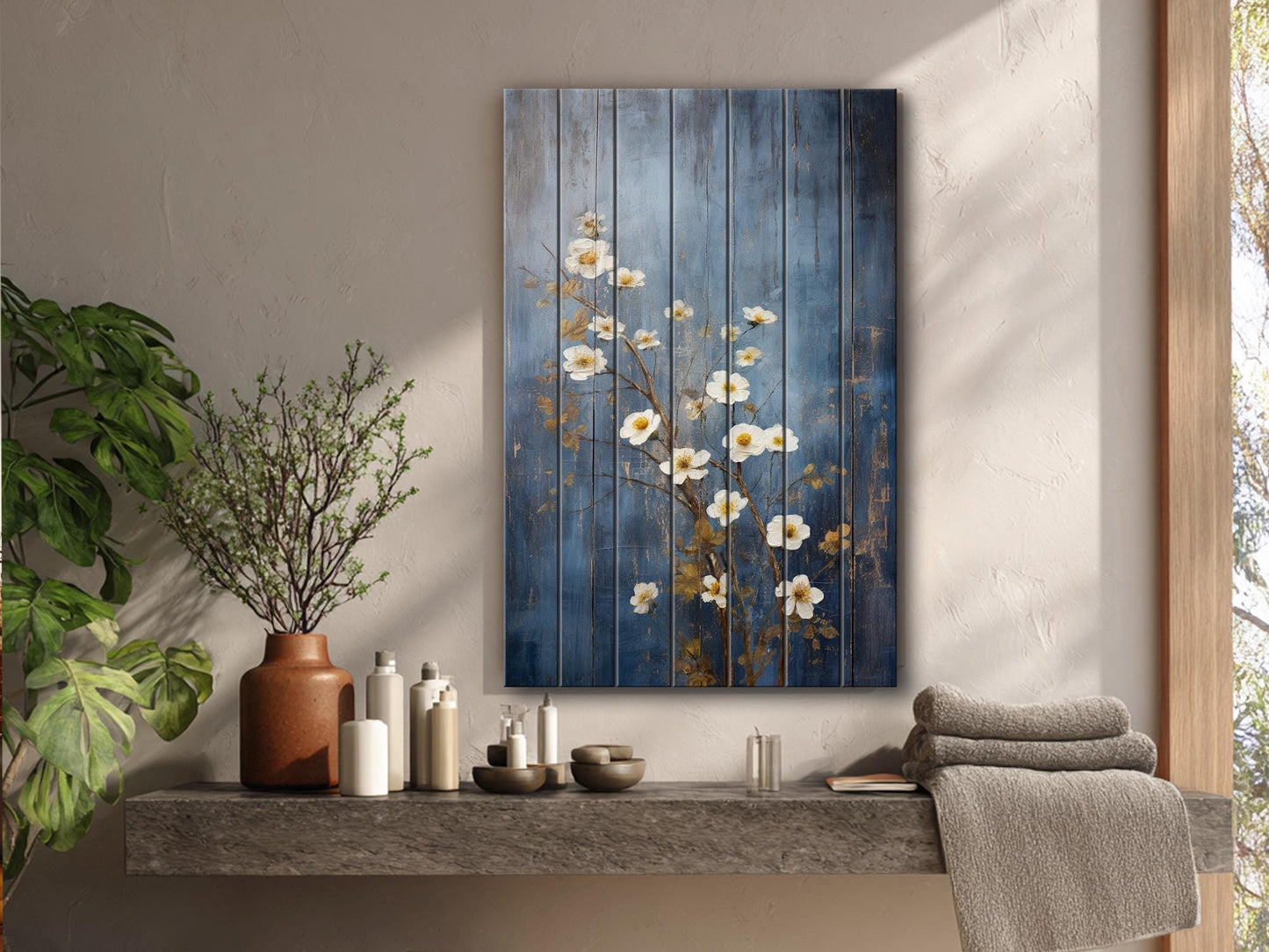 Rustic Floral Wall Art - White Blossoms Print on Natural Wood Plank Art