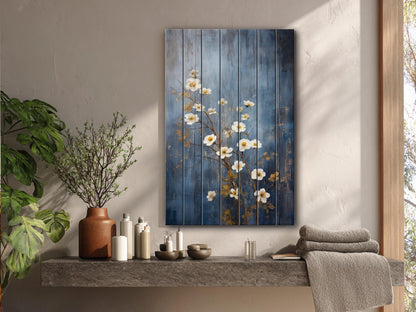 Rustic Floral Wall Art - White Blossoms Print on Natural Wood Plank Art