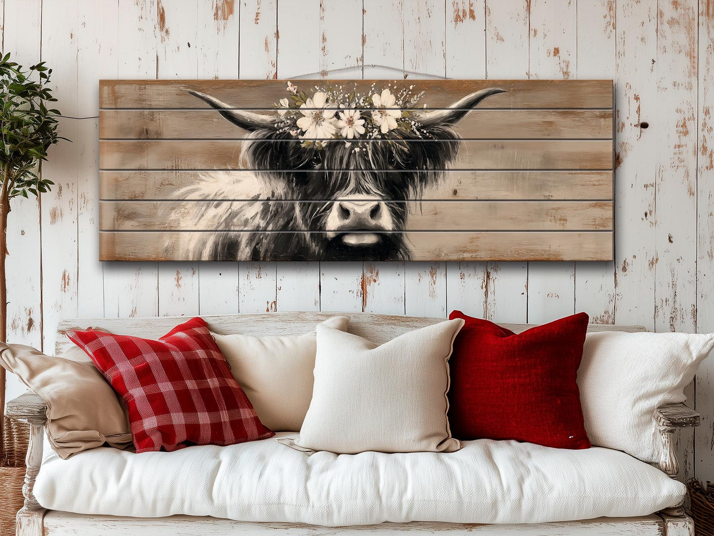 Highland Cow Wall Art – Rustic Wood Art Print | Farmhouse Wall Decor Floral Cow Print