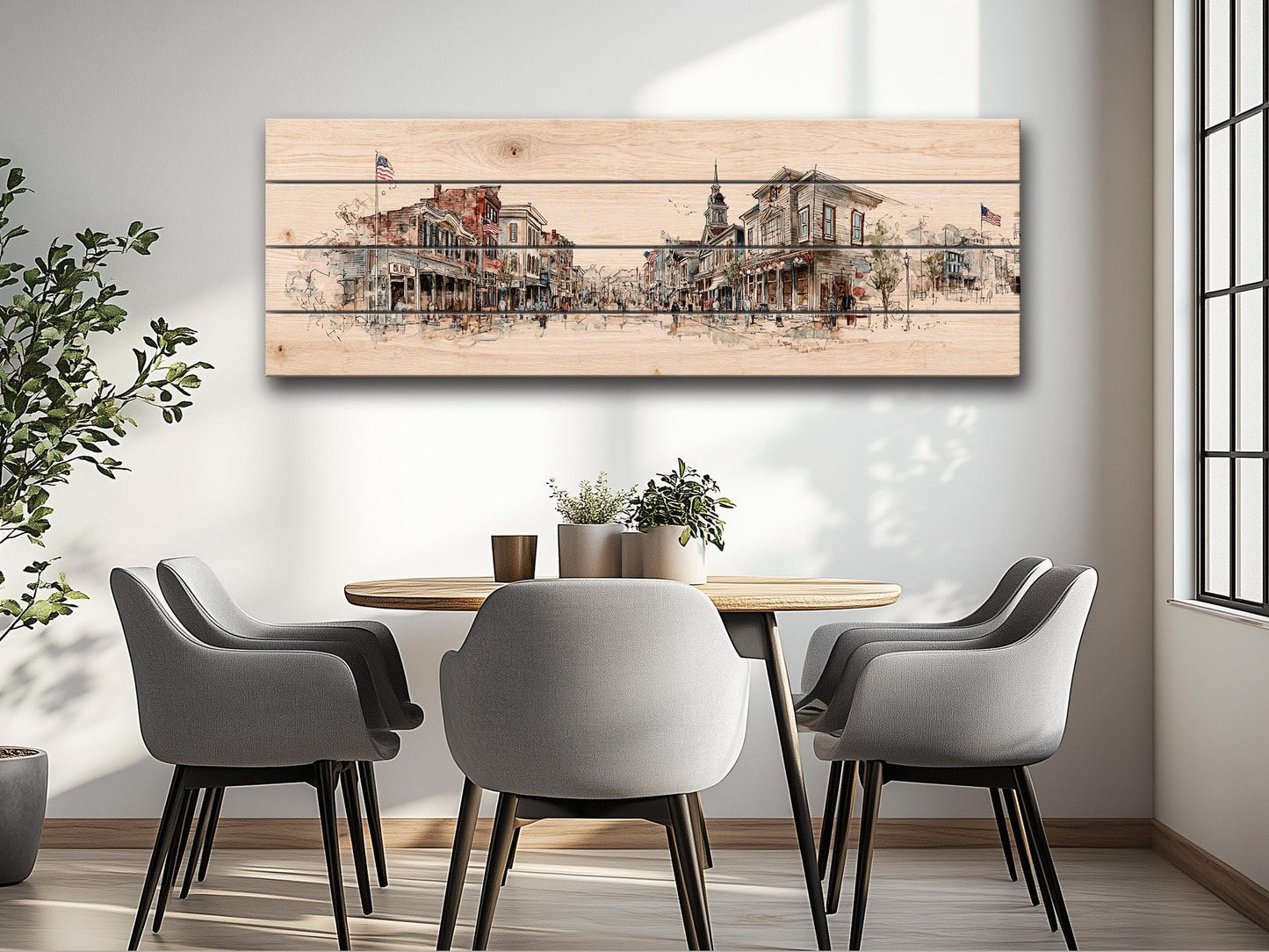 Vintage Americana Wall Art – Main Street Print on Wood with Rustic Farmhouse Charm