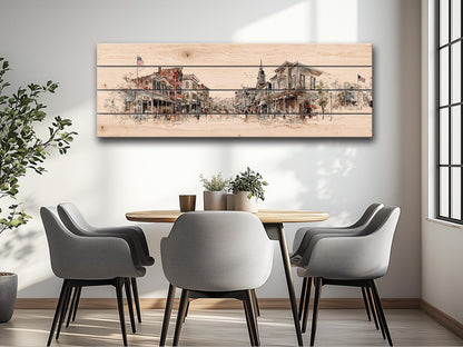 Vintage Americana Wall Art – Main Street Print on Wood with Rustic Farmhouse Charm