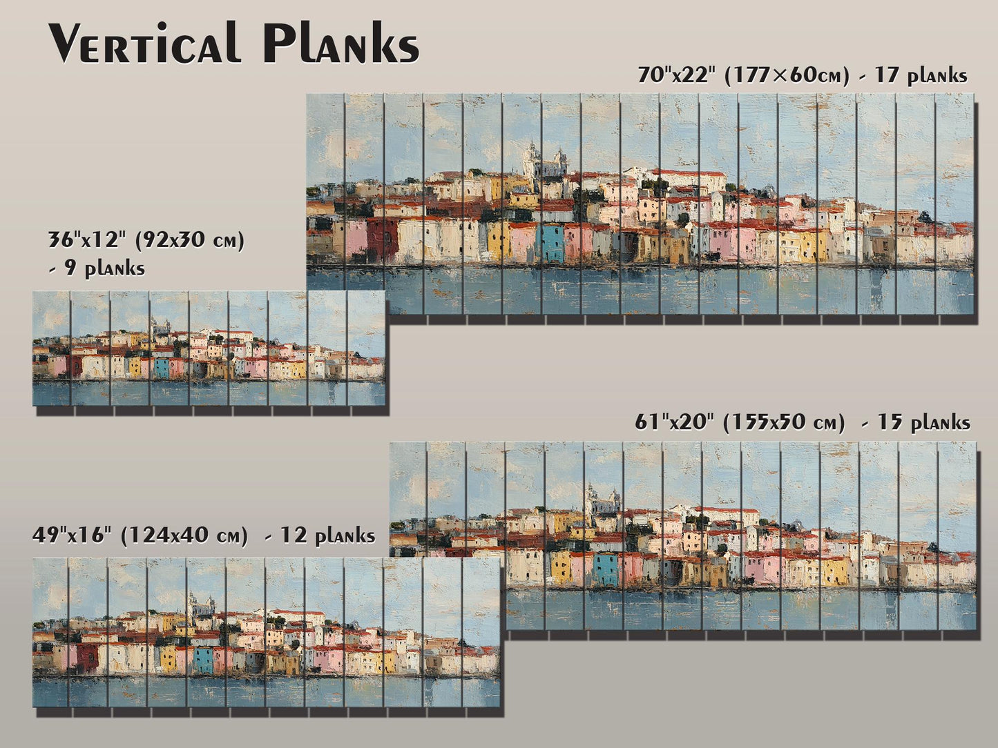 Lisbon Wood Print – Rustic Wall Art with Pastel Houses & Beige Sunlight on Distressed Wood