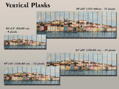Lisbon Wood Print – Rustic Wall Art with Pastel Houses & Beige Sunlight on Distressed Wood