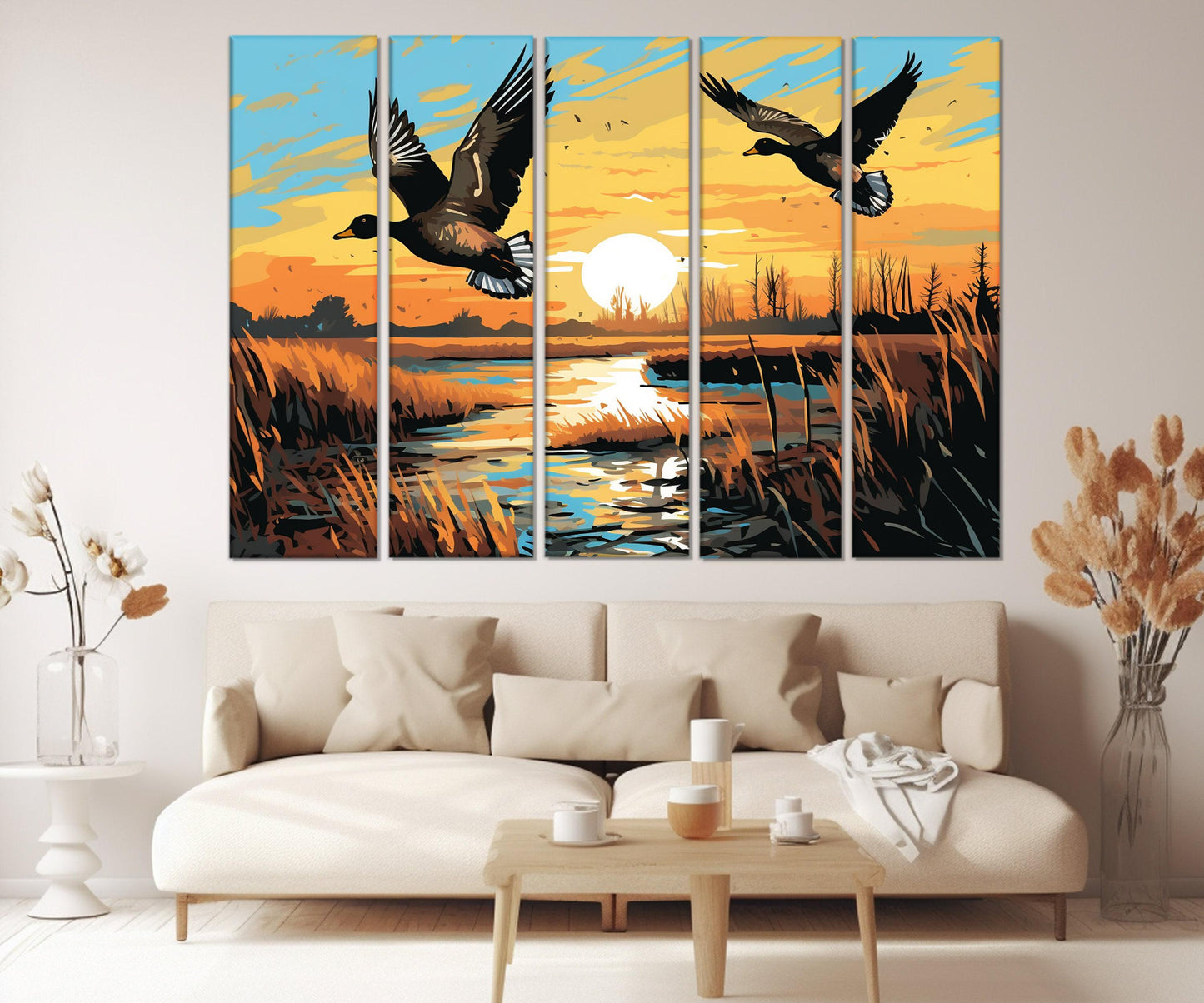 Ducks Canvas Print - Framed Wildlife Wall Art | Lake Sunset Art Ready to Hang