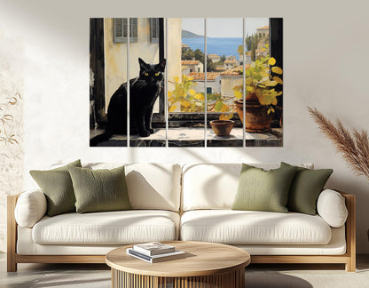 Mediterranean Canvas Print – Black Cat Window View | Italian Cat Painting, Framed Art