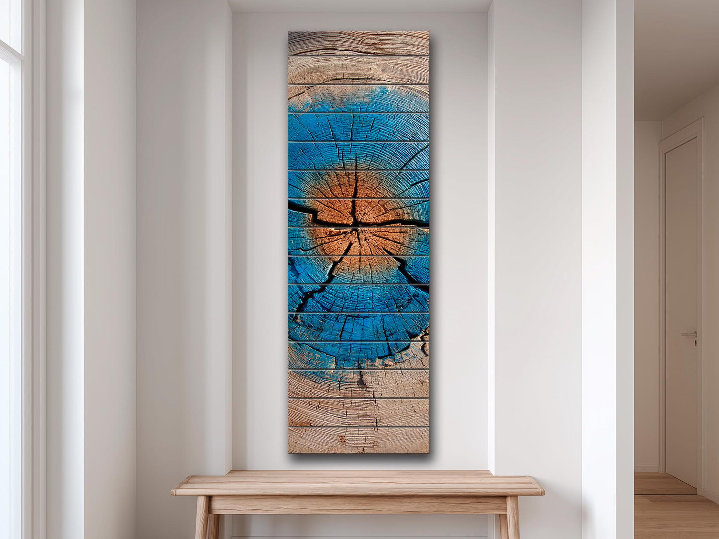 Tree Trunk Wall Art – Rustic Wood Decor With Blue Brown Rings & Natural Texture