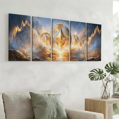 a large, vibrant painting of a fantastical landscape with a central golden triangle surrounded by other golden triangles, set against a backdrop of a fiery sky. The painting is displayed on a wall above a couch, with a vase of flowers and a plant on a side table in the foreground.