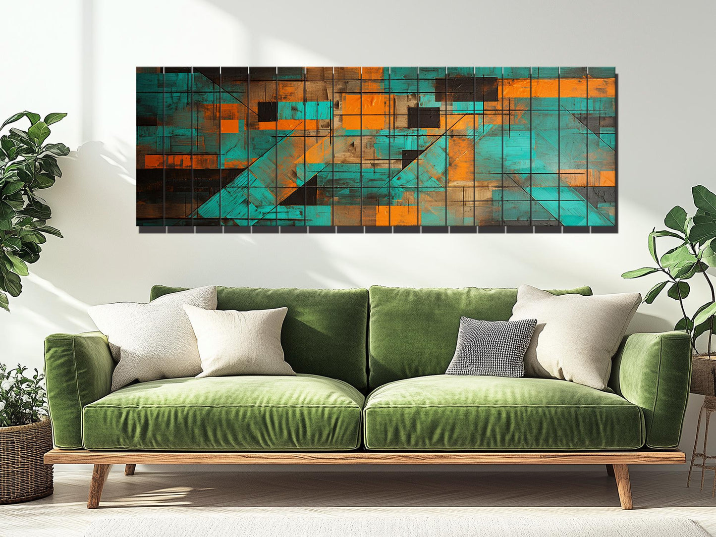 Abstract Geometric Print on Natural Wood, Contemporary Home Decor, Framed & Ready to Hang