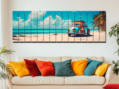 Wood Wall Art – Cancun Landscape Art | Retro Taxi Poster on Natural Wood Print