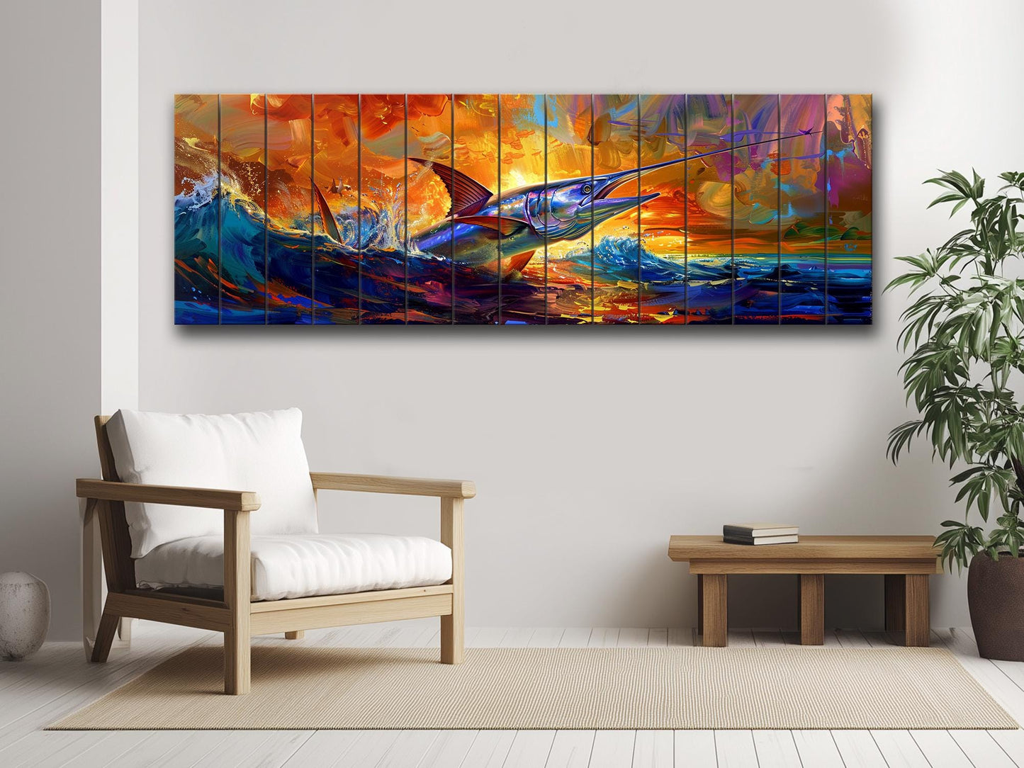 Fishing Wall Art – Colorful Marlin Print on Natural Wood Artwork with UV Fade Resistant Print