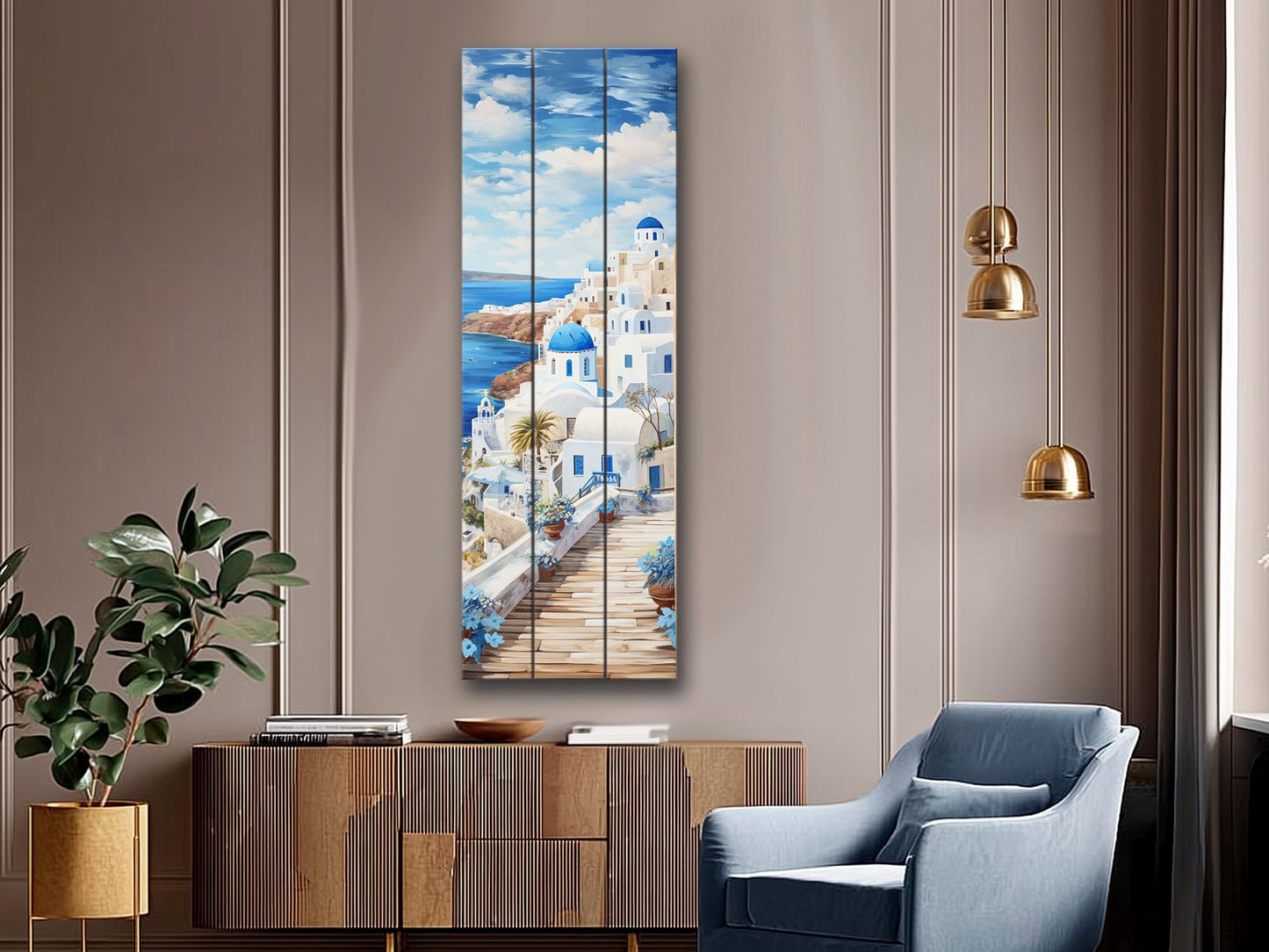 Santorini Wood Art – Abstract Greek Wall Decor Printed on Natural Wood Panel