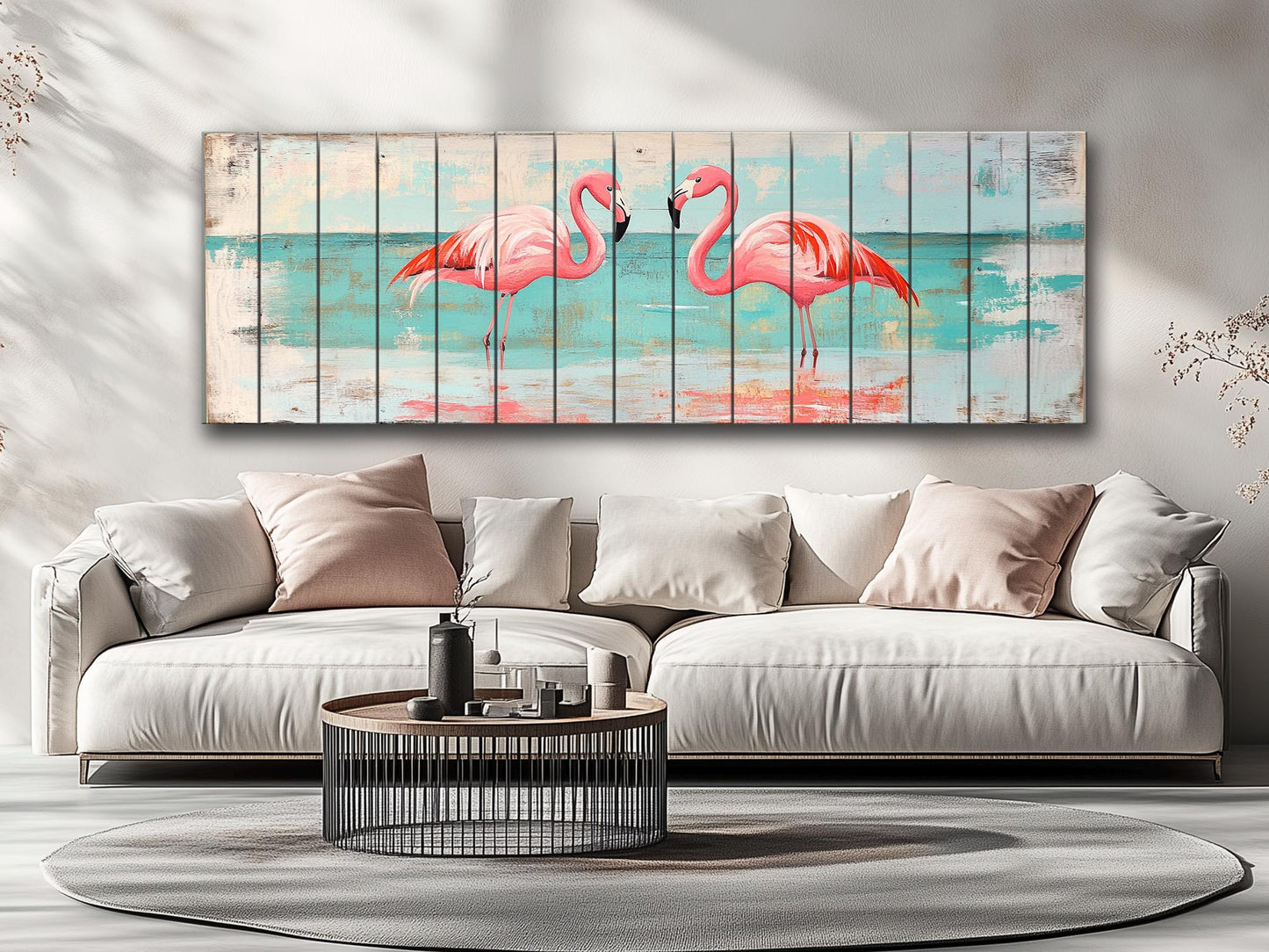 Flamingo Couple Print on Natural Wood, Romantic Wall Art, Rustic Flamingo Painting, Flamingo Wall Art, Soft Tones Bedroom Wall Decor