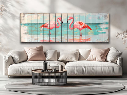 Flamingo Couple Print on Natural Wood, Romantic Wall Art, Rustic Flamingo Painting, Flamingo Wall Art, Soft Tones Bedroom Wall Decor