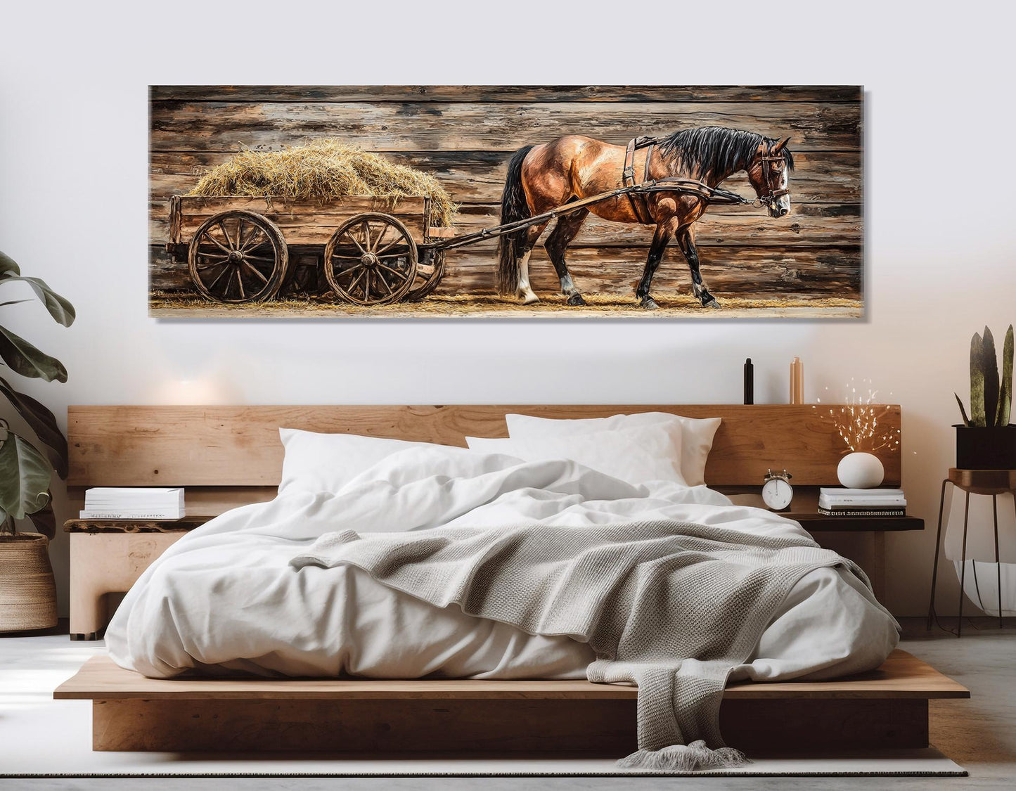 Horse Pulling Wooden Cart Rustic Wall Art – Framed Canvas Print Ready to Hang