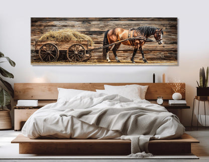 Horse Pulling Wooden Cart Rustic Wall Art – Framed Canvas Print Ready to Hang