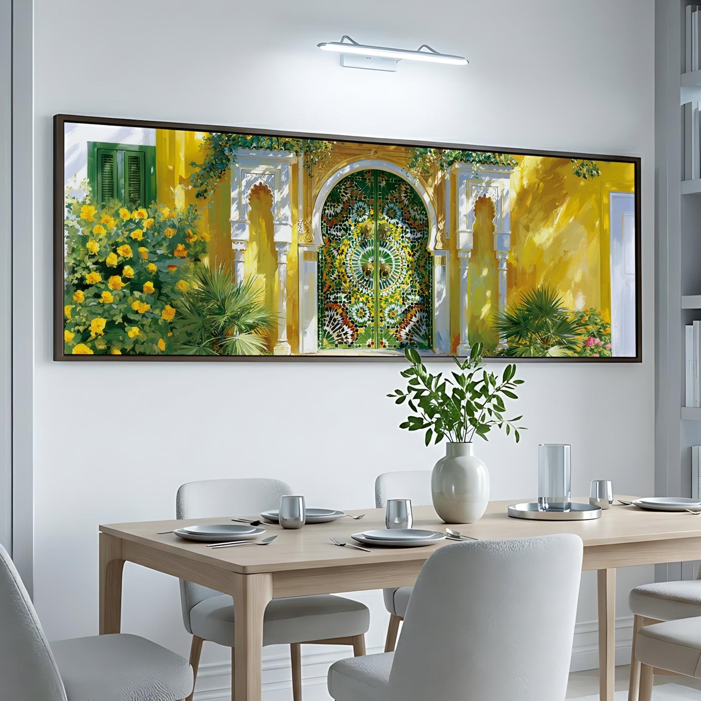 a dining room with a large, colorful painting of a yellow and green archway above a table set for four.