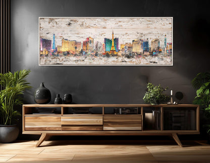 Las Vegas Canvas Print – Rustic Retro Panorama On Cotton Canvas | Framed & Ready to Hang